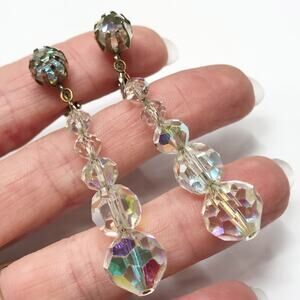 VTG Claw Set Clear Crystal Aurora Borealis Graduating Beads Drop Dangle Earrings